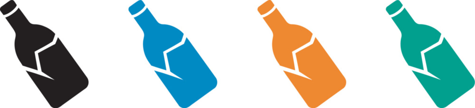 Broken glass bottle icon, four color cracked bottles isolated on white background warning signs vector graphic design set