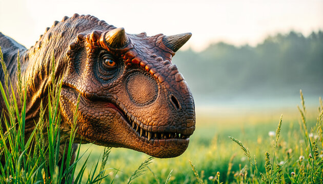 Close up of a Carnotaurus head with rust brown scaly skin and horned brow. Prehistoric dinosaur with an amber eye in a sunlit green grass field