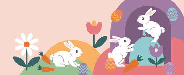 Naklejka premium Cute Easter Bunnies and Spring Elements Keywords: easter, bunnies, rabbits, spring, easter eggs
