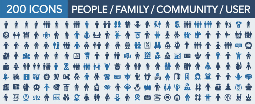 Grid of 200 Blue Icons for People Family Community User