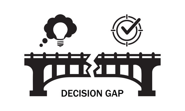 Decision gap icon with broken bridge lightbulb thought bubble target checkmark decision lightbulb checkmark solution illustration abstract minimalist communicatio