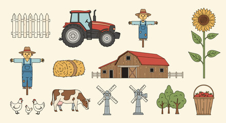 Naklejka premium Charming rural farm elements illustration: barn tractor animals and nature set
