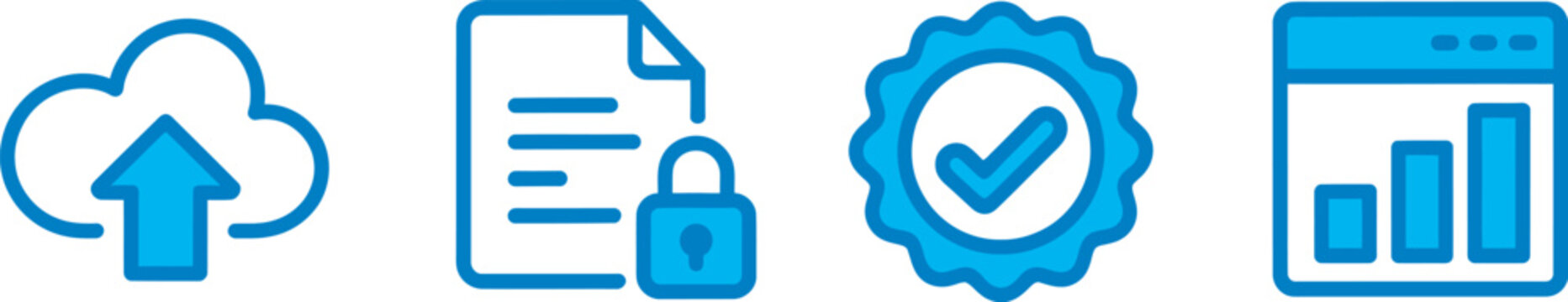 Enterprise SaaS data upload icon set, cloud computing services IT infrastructure protection digital storage interface elements vector illustration collection