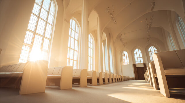 Bright and clean interior of a modern church or temple featuring sunlight rays entering through multiple tall windows
