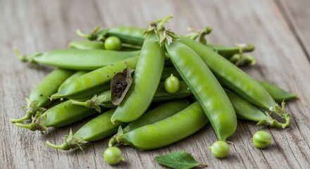 Fototapeta premium Fresh Green Pea Pods Scattered on a Rustic Wooden Surface