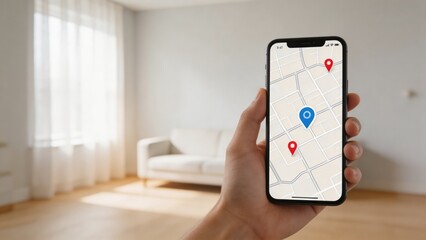 A person using a smartphone to navigate with a map on the screen in a modern living room.