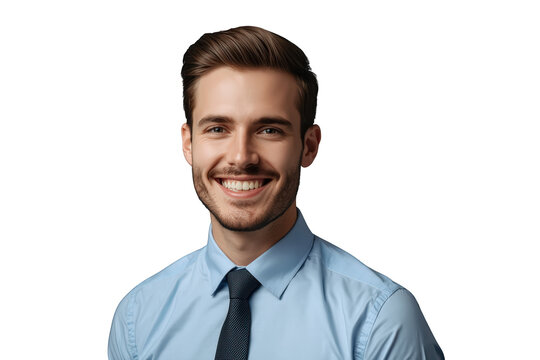 Young businessman smiling, looking at camera, feeling confident and successful, transparent background