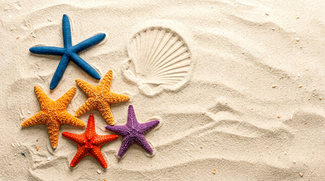 Colorful starfish on sandy beach with seashell imprint summer background copy space concept