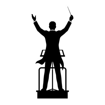 Silhouette of an orchestra conductor with a baton and podium