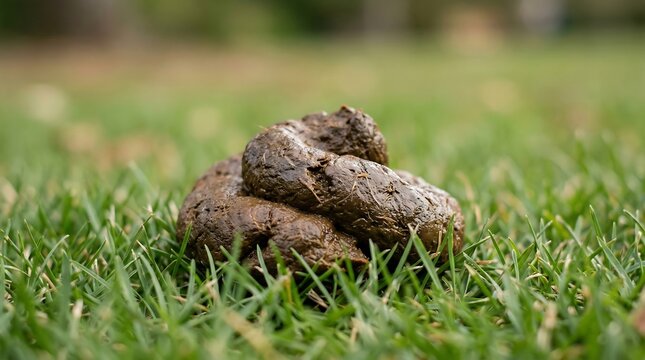 Close up of dog excrement on lush green grass with shallow depth of field organic matter organic material excrement daylight close