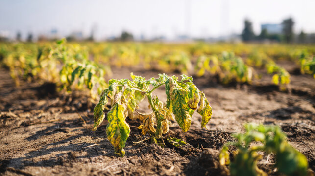Wilting plant in dry field showing drought conditions, water scarcity, and climate change impact on agriculture