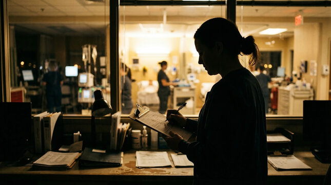Silhouette of a professional female doctor standing in a busy illuminated medical clinic writing notes on a clipboard while observing patients in the background