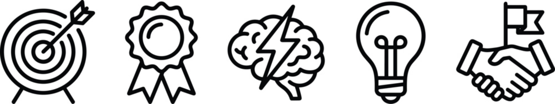 A set of five black line icons on a including a target with an arrow, a rosette award ribbon, a brain with a lightning bolt, a lightbulb, and two hands shaking with a flag
