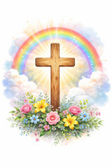 Wooden cross with rainbow, glowing light and colorful flowers, uplifting spiritual scene with hope and faith symbolism