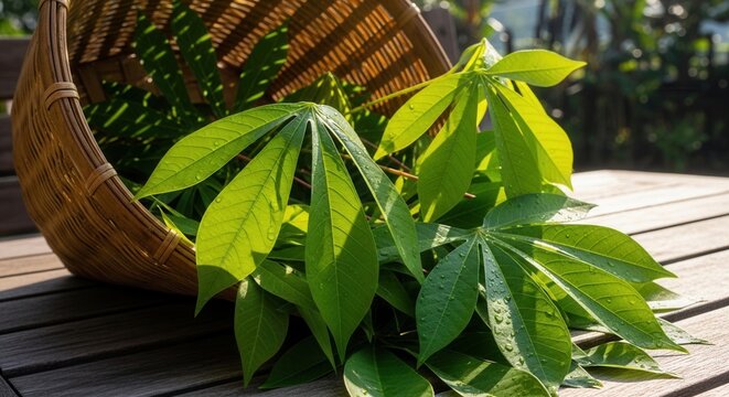 Fresh Cassava Leaves Harvested In A Basket For Culinary Use