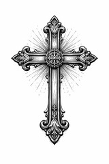 Detailed black and white ornamental cross with intricate design, classic religious illustration isolated on white.