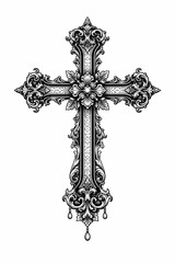Detailed black and white ornamental cross with intricate design, classic religious illustration isolated on white.