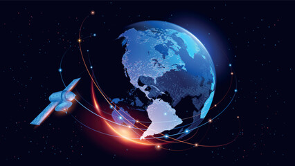 Tech futuristic background. Abstract vector. Sunrise. Satellites and rockets in orbit of planet Earth. Plasma clot of energy. Glowing rays with flickering particles. Science and technology. © vit_mar