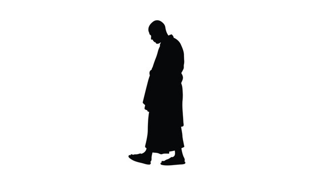A contemplative monk walks depicted in a stark black silhouette