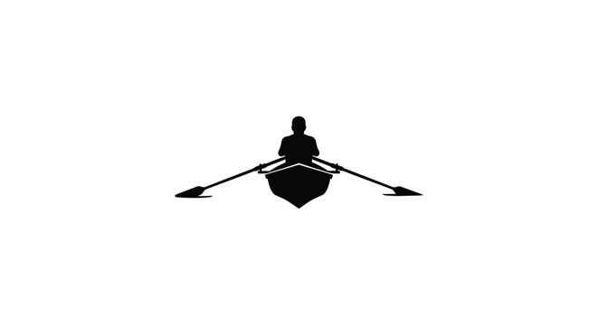 A lone rower on calm waters depicted in stark contrast silhouette