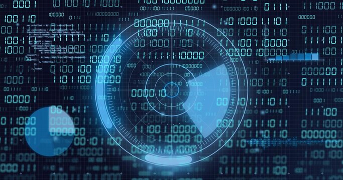 Displaying central radar HUD sweeping over virtual interface, with binary streams, left node