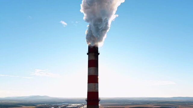 Vertical industrial chimney emitting thick smoke against blue sky. Close up of red and white striped industrial smokestack releasing white smoke into clear blue sky during day.