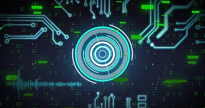 Displaying central concentric HUD pulsing on virtual grid, showing neon circuit traces and binary