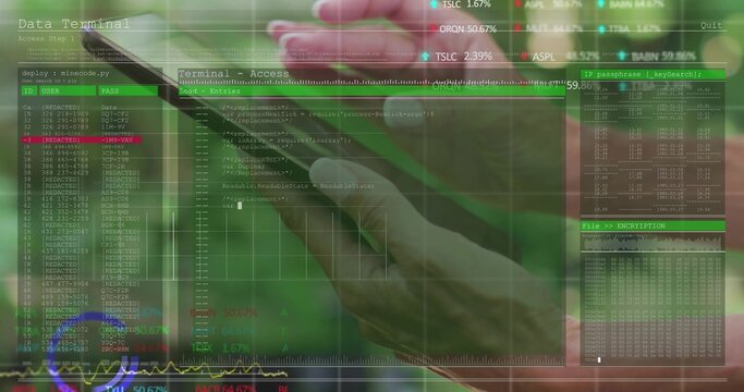 Mature female hand holding phone over blurred pink tulips in garden, showing terminal code panels