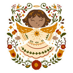 Fototapeta premium Whimsical angel illustration with floral accents t-shirt design