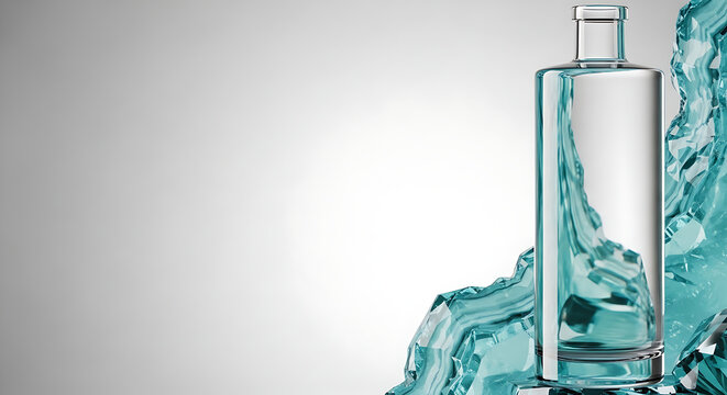 lear Glass Bottle on Teal Ice Crystals with Copy Space