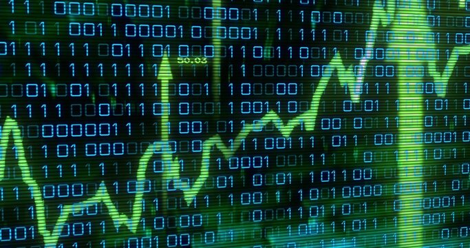 Rising neon green line chart climbing on monitor display, showing binary matrix, bars, 50