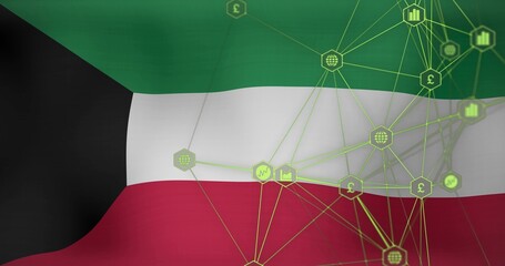 Naklejka premium Displaying Kuwait flag with neon network overlay in digital graphic, showing hex nodes and glyphs