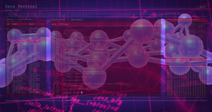 Rotating translucent 3D molecular network model centered among terminal windows, showing hex dumps