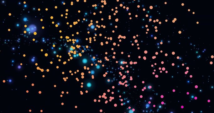 Glowing cluster of multicolored dots and orbs shifting right on near-black backdrop, with halos