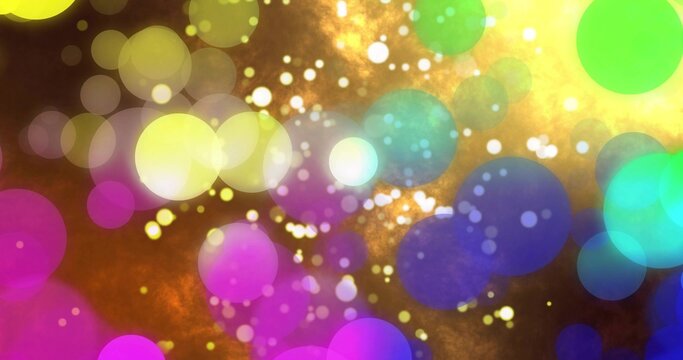 Glowing central multicolor bokeh cluster forming layered halos white specks soft tones on warm gold