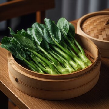 Fresh Choy Sum Steaming In Bamboo Basket Healthy Asian Greens Preparation