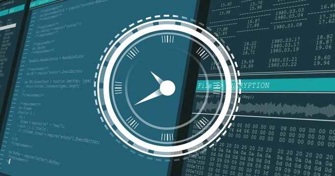 Rotating white HUD gauge overlaying monitors at console showing code hex dump and ENCRYPTION banner