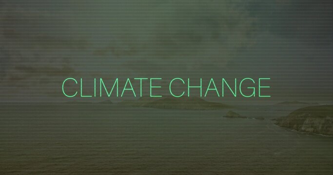 Displaying neon-teal CLIMATE CHANGE text floating over calm coastal ocean, showing scanline texture