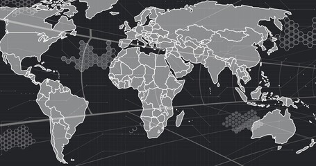 Naklejka premium Displaying stylized world map filling frame on dashboard, with hexagonal clusters and gridlines