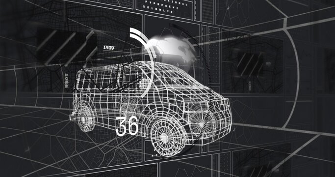 Rotating wireframe van upon system starting scan in AR workspace showing numeric 36 and radial arcs