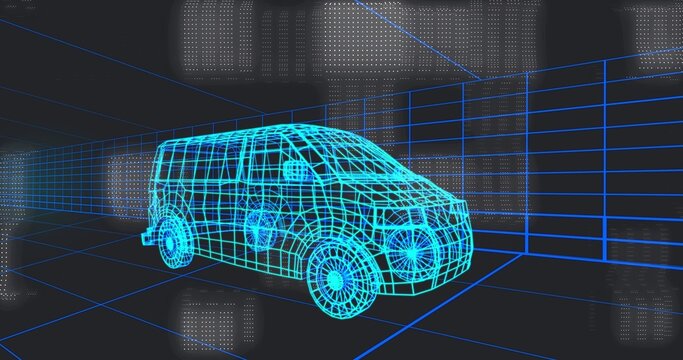 Displaying wireframe van model showing mesh lines, wheels mirror in depth grid with dotted panels