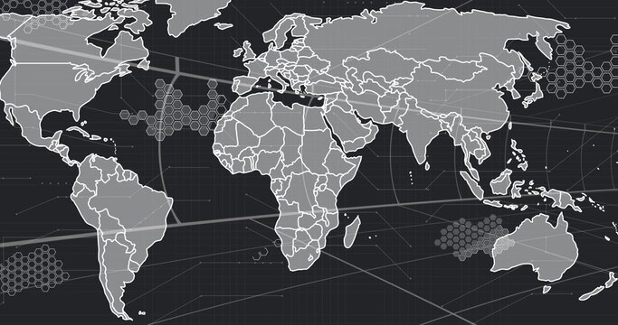 Displaying stylized world map filling frame on dashboard, with hexagonal clusters and gridlines