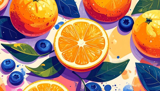 A vibrant, colorful illustration showcasing oranges, blueberries, and leaves scattered on a light background
