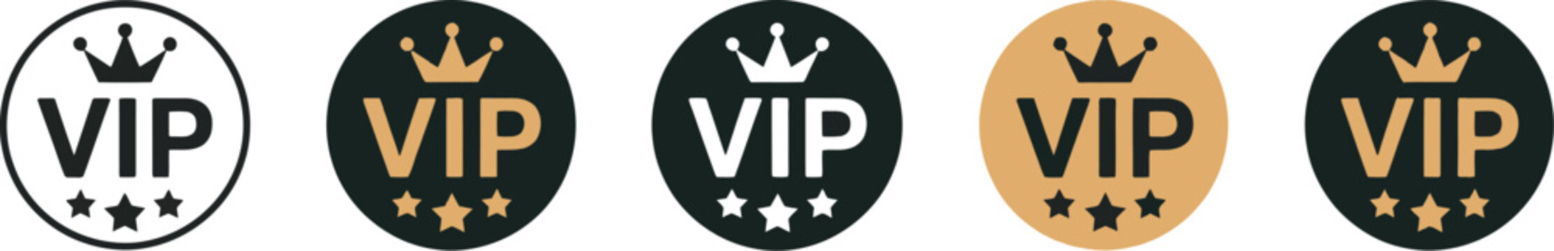 VIP label icon set, crown and stars circular badge vector illustration premium emblem elite membership exclusive status luxury pictogram