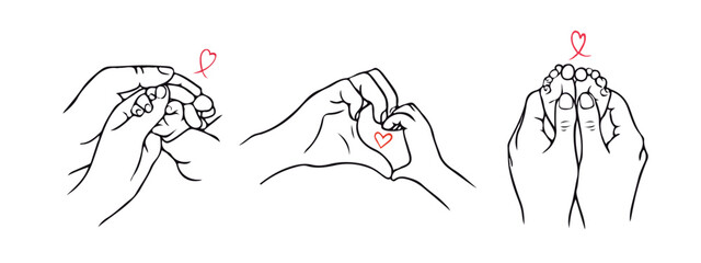 Obraz premium Minimalist line art illustration of parent and child hands forming hearts and gentle touch. Concept of family love, care, protection and bonding, with red accents symbolizing warmth