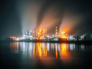 Fototapeta premium Vibrant and glowing industrial plant illuminated at night with bright lights reflecting on calm water surface under a misty sky