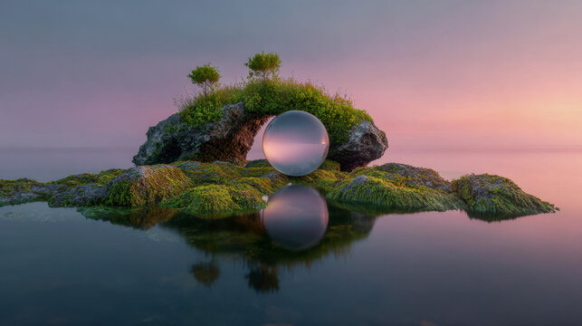 Serene landscape featuring a natural rock arch covered in greenery with a reflective glass sphere capturing the peaceful twilight sky over calm water