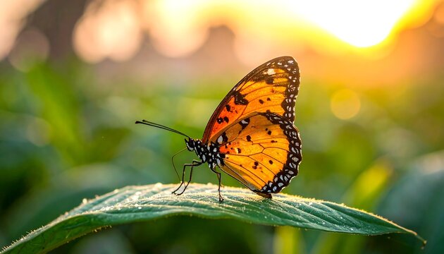 A vibrant butterfly with orange and black wings perches on a leaf, bathed in warm sunlight. The background is blurred greenery