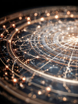 Intricate golden circular star map with glowing points and complex interconnected lines on dark background illustrating cosmic navigation and celestial patterns