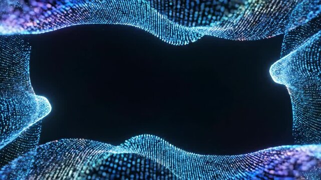 Futuristic blue particle waves shimmer and flow, forming a dynamic digital frame against a dark abstract background.